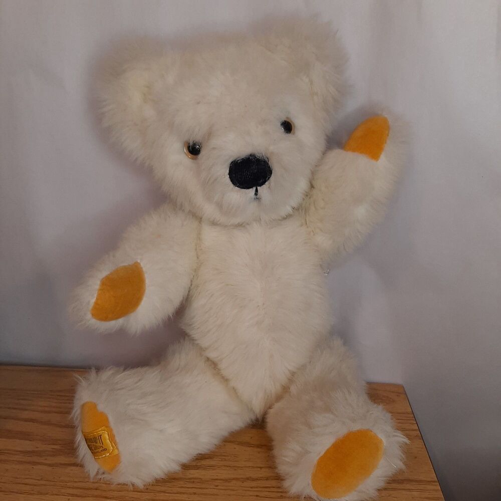 Merrythought Ironbridge Shrops Mohair Teddy Bear England Cream w/ orange yellow